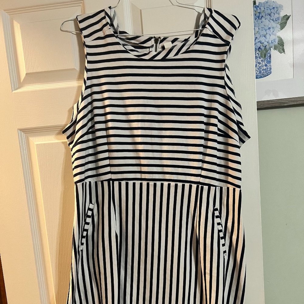 Sleeveless Navy Blue and White Striped Dress